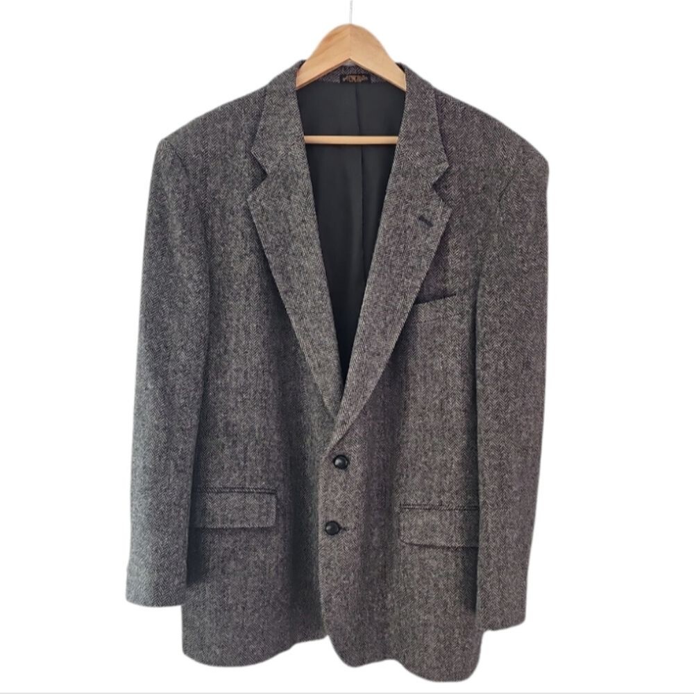 Savile Row 100% Wool Herringbone Blazer 48R British Tweed Sport Coat Gray